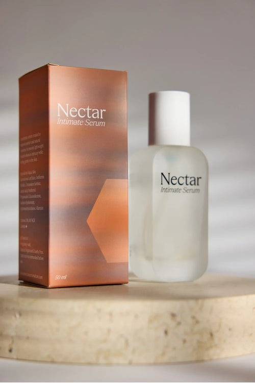 Nectar Intimate Serum bottle and packaging on marble surface, 50ml wellness product for sensitive skin care